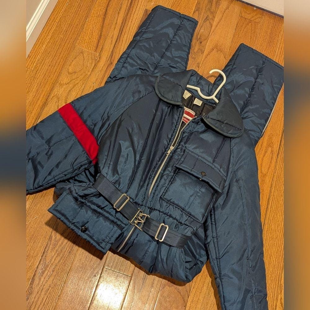 Vintage 80s Retro Ski Snowmobile‎ Snowsuit Blue Belted Hooded JCPenney Small